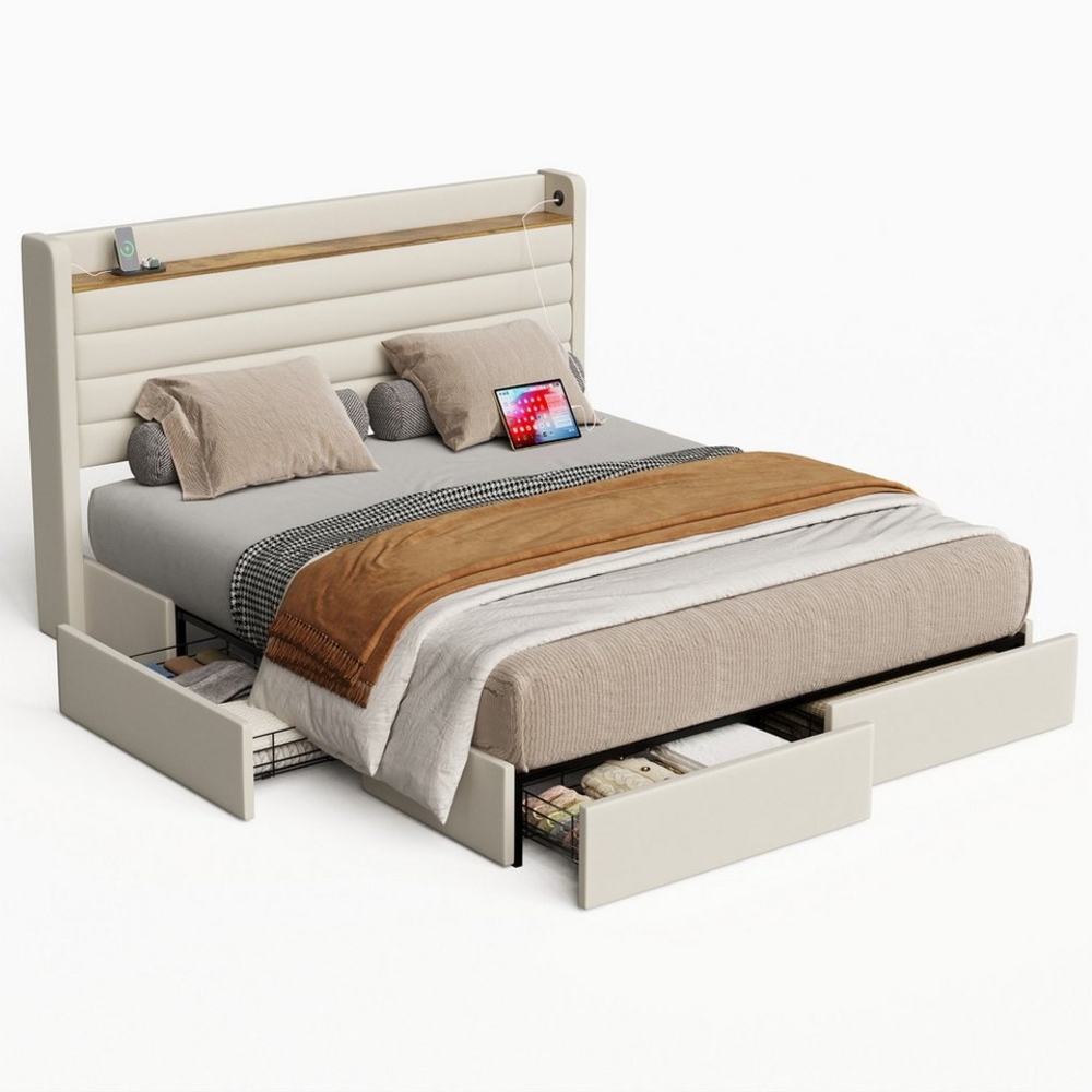 HAUSS SPOLE Polsterbett Doppelbett Bettgestell Jugendbett Stauraumbett mit USB,160×200cm, Beige (4 Stauraumschubladen und integrierte USB-Anschlüsse,dick gepolsterte Kopfteil,Stabiler Rahmen), für praktischen Komfort und Stil im Schlafzimmer, Ohne Matraze Bild 1