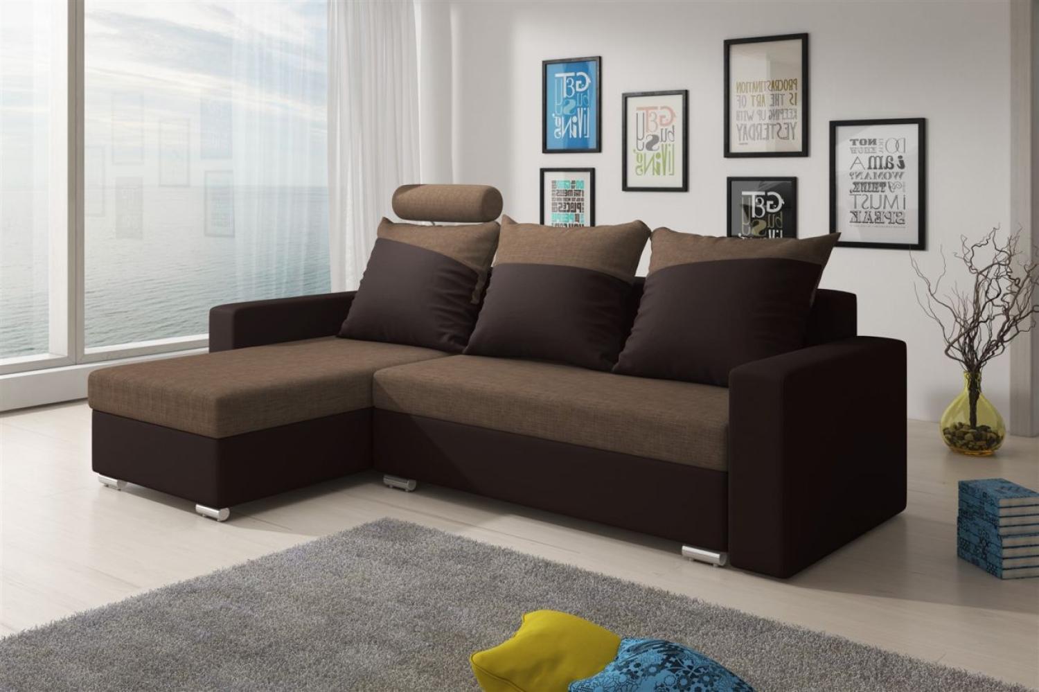 Ecksofa Sofa NORA mit Schlaffunktion D/H Braun Ottomane Links Bild 1