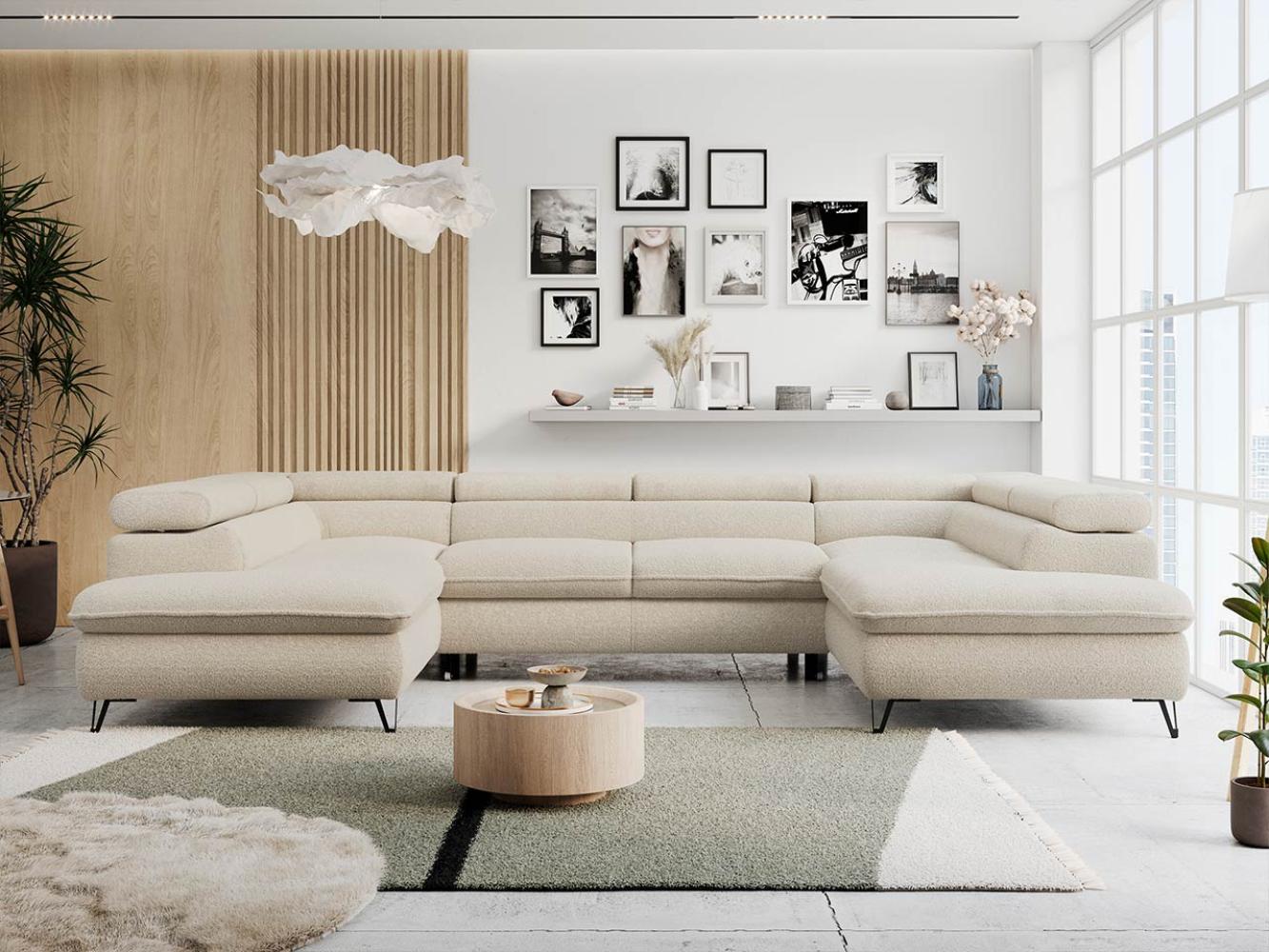 Ecksofa U-Form, mit Bettkasten, Bettfunktion und Einstellbare Kopfstützen, Sofa big XXL - PETER U - Beige Boucle - Topper T25 Bild 1