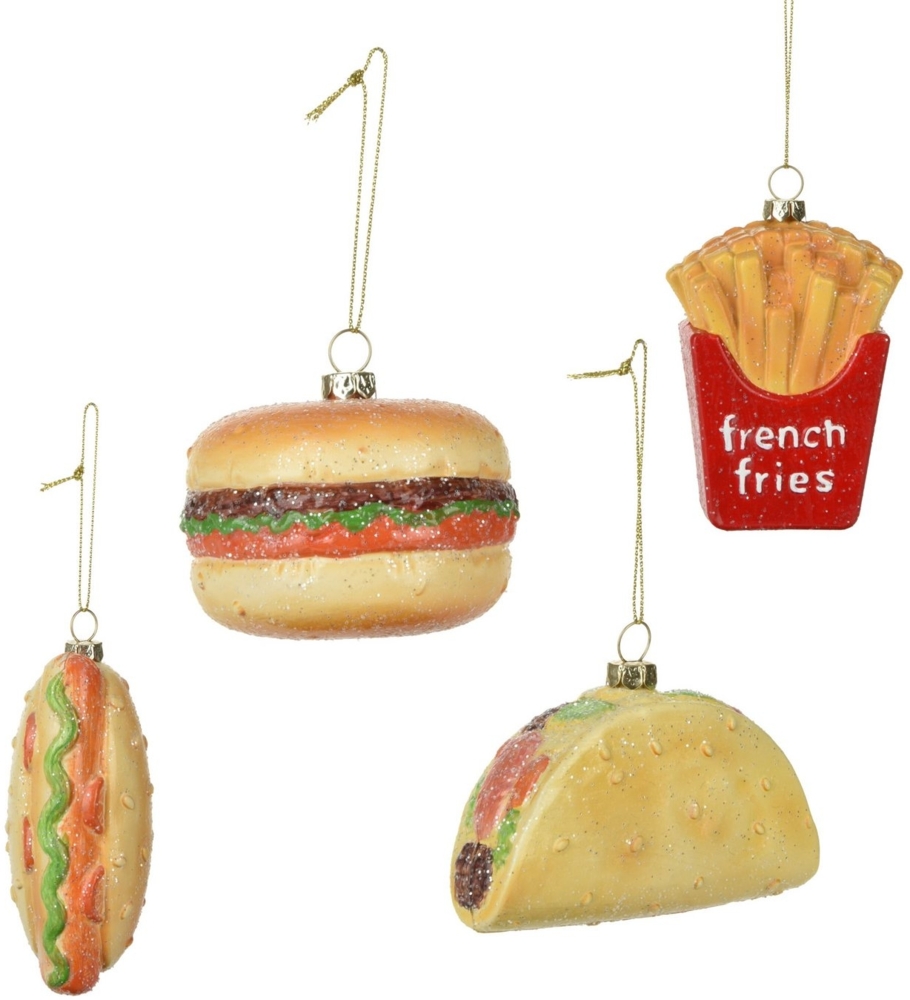 Spetebo Christbaumschmuck Christbaumschmuck Anhänger 4er Set - Fast Food (4-tlg), Hamburger Hotdog Pommes Taco - Deko Weihnachtsbaum Anhänger Bild 1