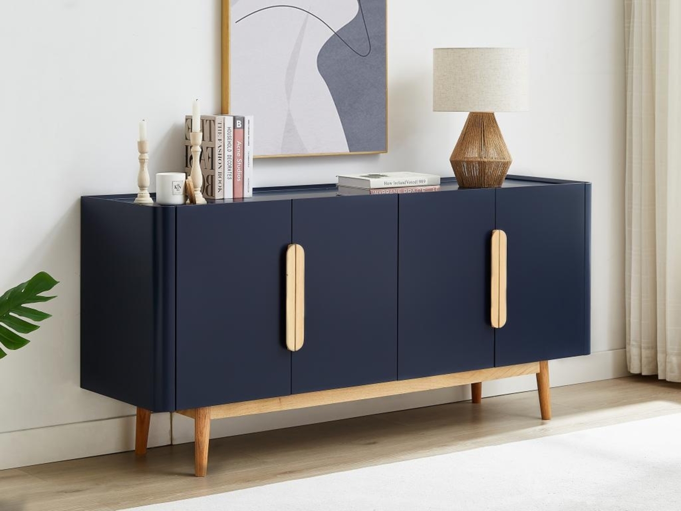 Vente-unique - Sideboard mit 4 Türen - MDF & Kautschukholz - Blau & Holzfarben hell - DUNELON Bild 1