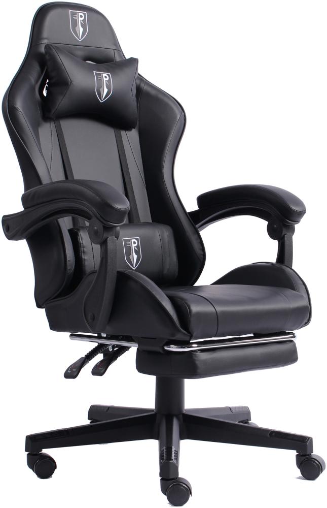 Gaming Chair im Racing-Design mit flexiblen gepolsterten Armlehnen - ergonomischer PC Gaming Stuhl in Lederoptik - Gaming Schreibtischstuhl mit ausziehbarer Fußstütze und extra Stützkissen Schwarz Bild 1