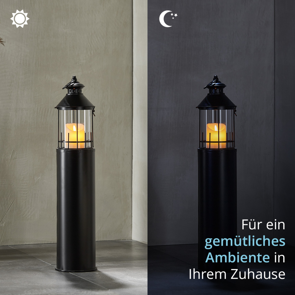 KHG Laterne Leuchtturm 72 cm mit LED-Kerze aus Metall/Glas in schwarz, Kerzenständer, Kerzenhalter, Outdoor und Indoor, Deko, Glaseinsatz, für Wohnzimmer, Balkon, Terrasse, Garten usw. Bild 1