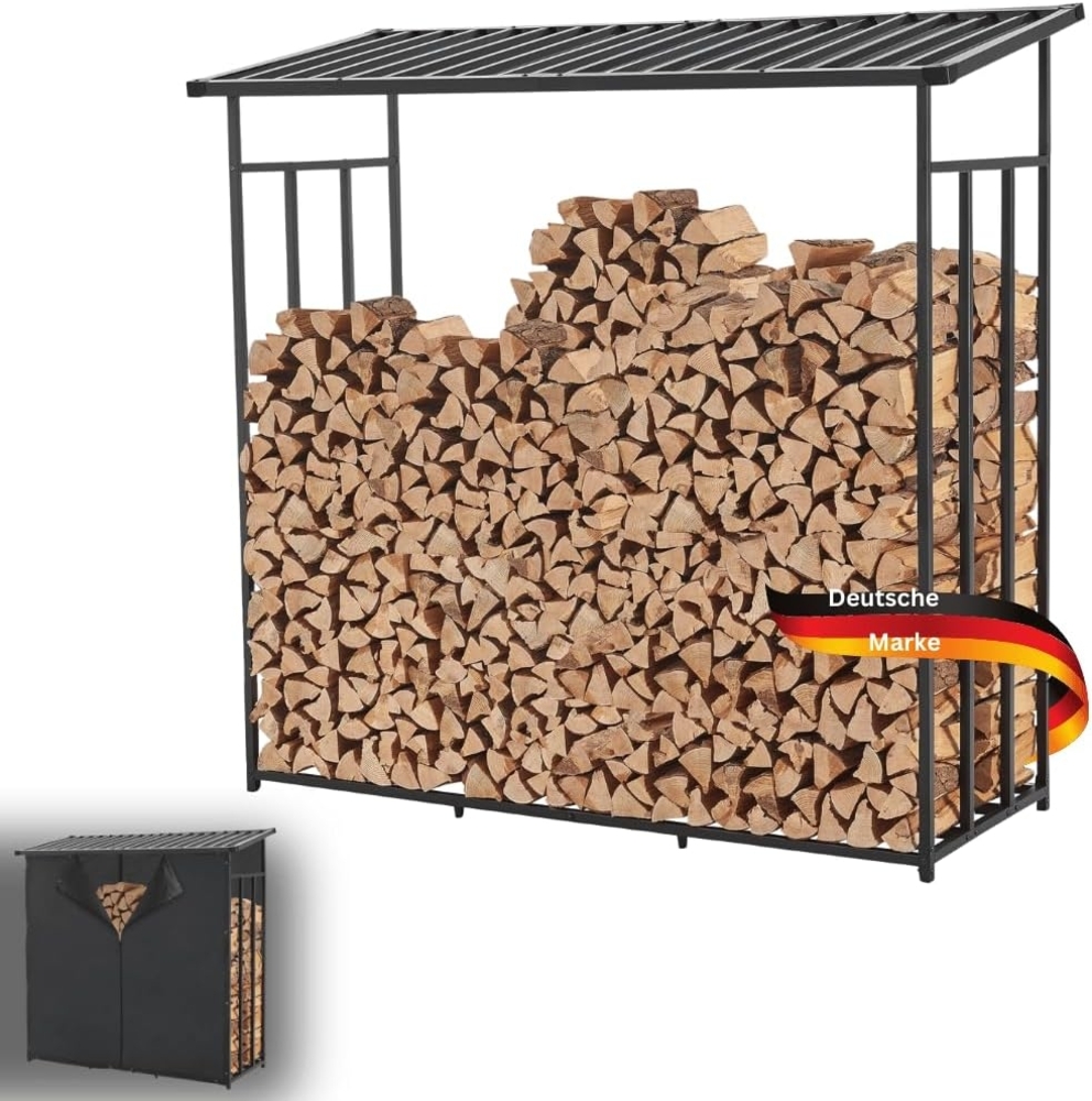 DELUKE® Kaminholzregal außen RONNI - mit Abdeckplane 180 x 185 x 70 cm Stahl Holzunterstand für Brennholz außen Metall Unterstand für Kaminholz Brennholzregal Feuerholzregal Schwarz Bild 1