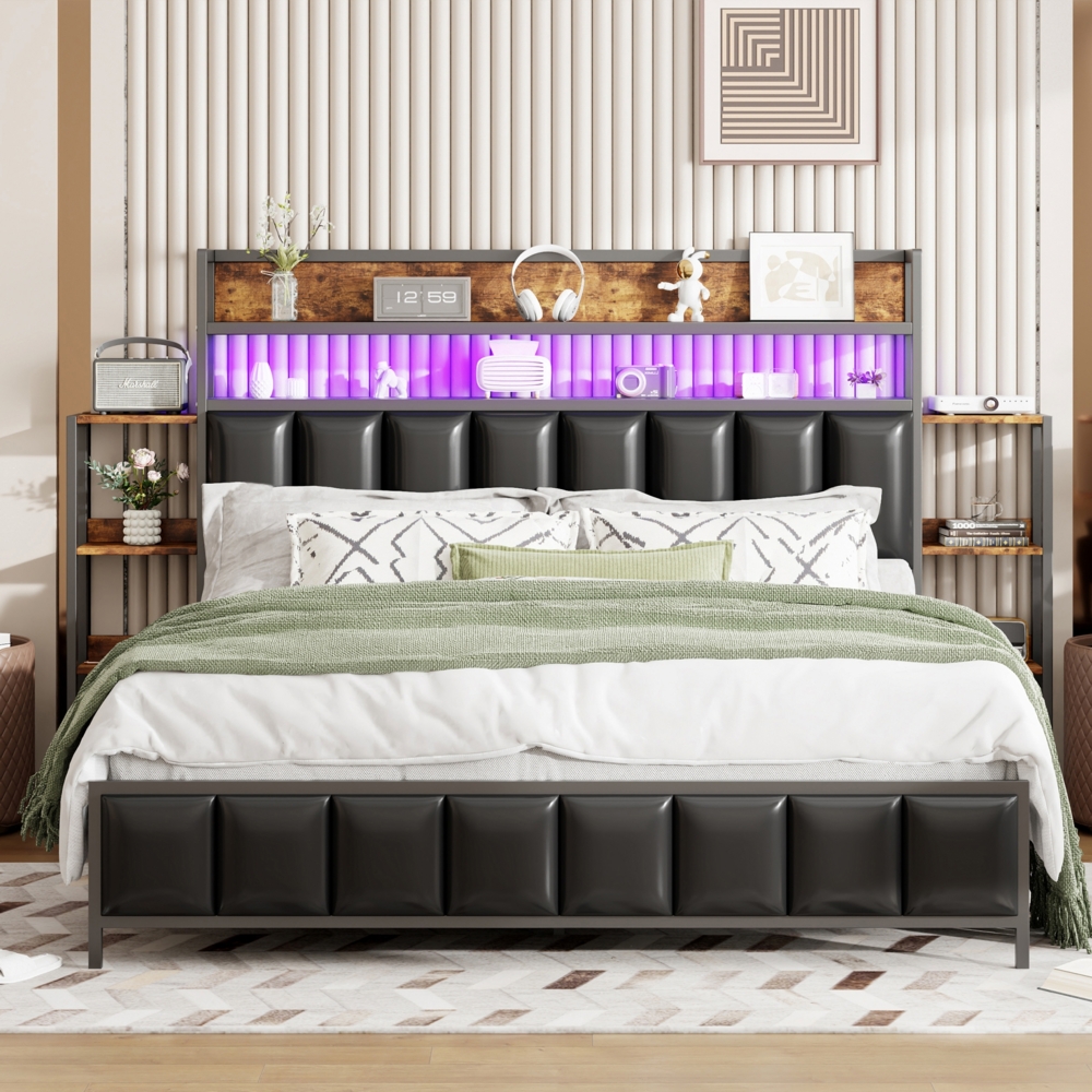 Polsterbett 160x200 cm aus Kunstleder mit LED-Beleuchtung und Ablagen – modernes Design, hoher Komfort Bild 1