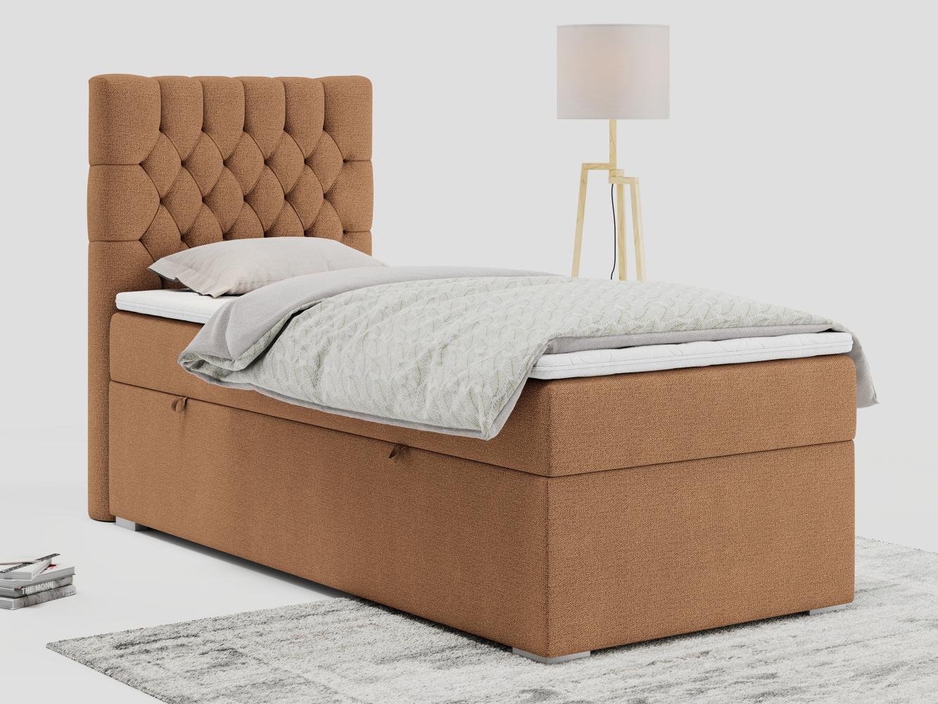 Boxspringbett PERA, Polsterbett mit Kopfstütze, gepolsterte Kopfstütze, Einzelbett, 90x200 - Orange Stoff - links - H3 Bild 1