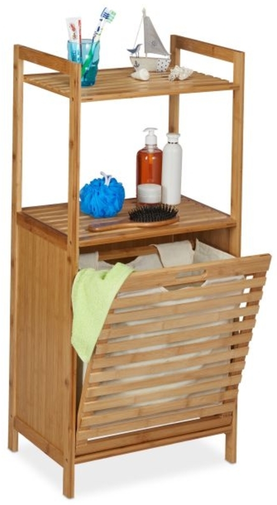Badregal mit Wäschekorb Bambus, Natur und Beige, Wäschekorb beige Bild 1