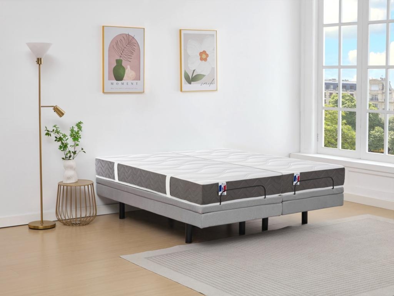 Vente-unique - Dekoratives Bett mit elektrischer Relaxfunktion + 3-Zonen-Matratze aus 100 % Latex - 2 x 80 x 200 cm - Stoff - Grau - PANISOLA von YSMÉE Bild 1