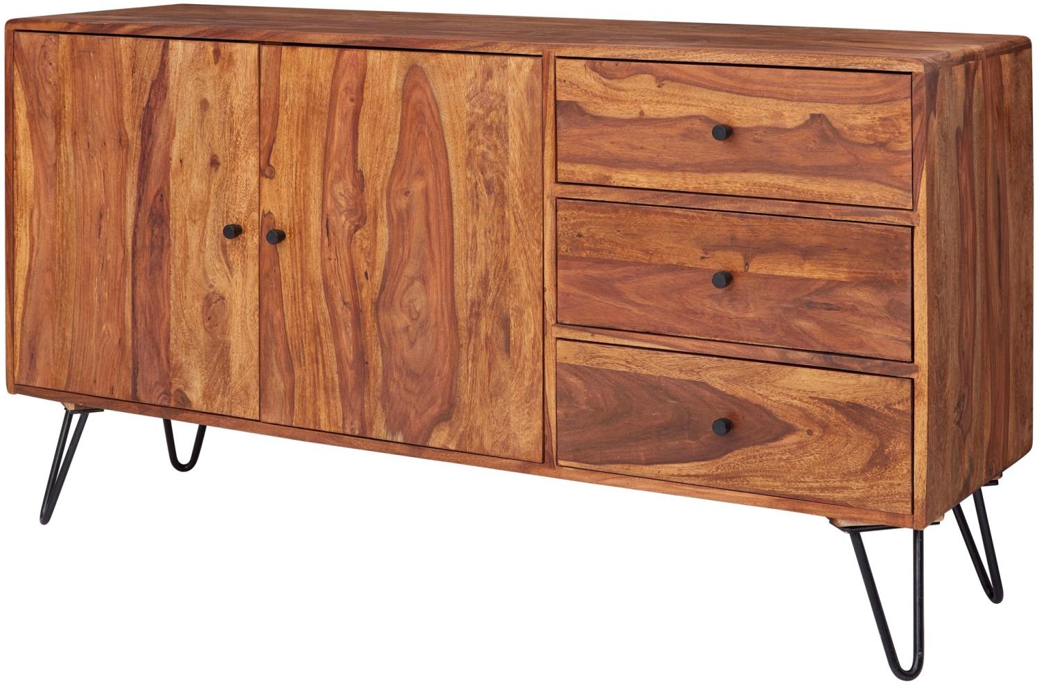 Kadima Design Sheesham Sideboard, Landhausstil, 3 Schubladen & 2 Türen, Haarnadelbeine. 145x40x75 cm Bild 1