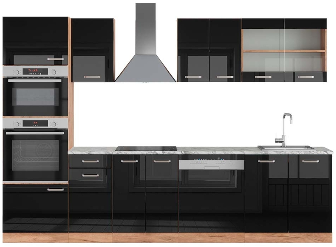 Küchenzeile R-Line Schwarz Hochglanz/Goldkraft Eiche 300 cm mit Hochschrank, AP Marmor Vicco Bild 1