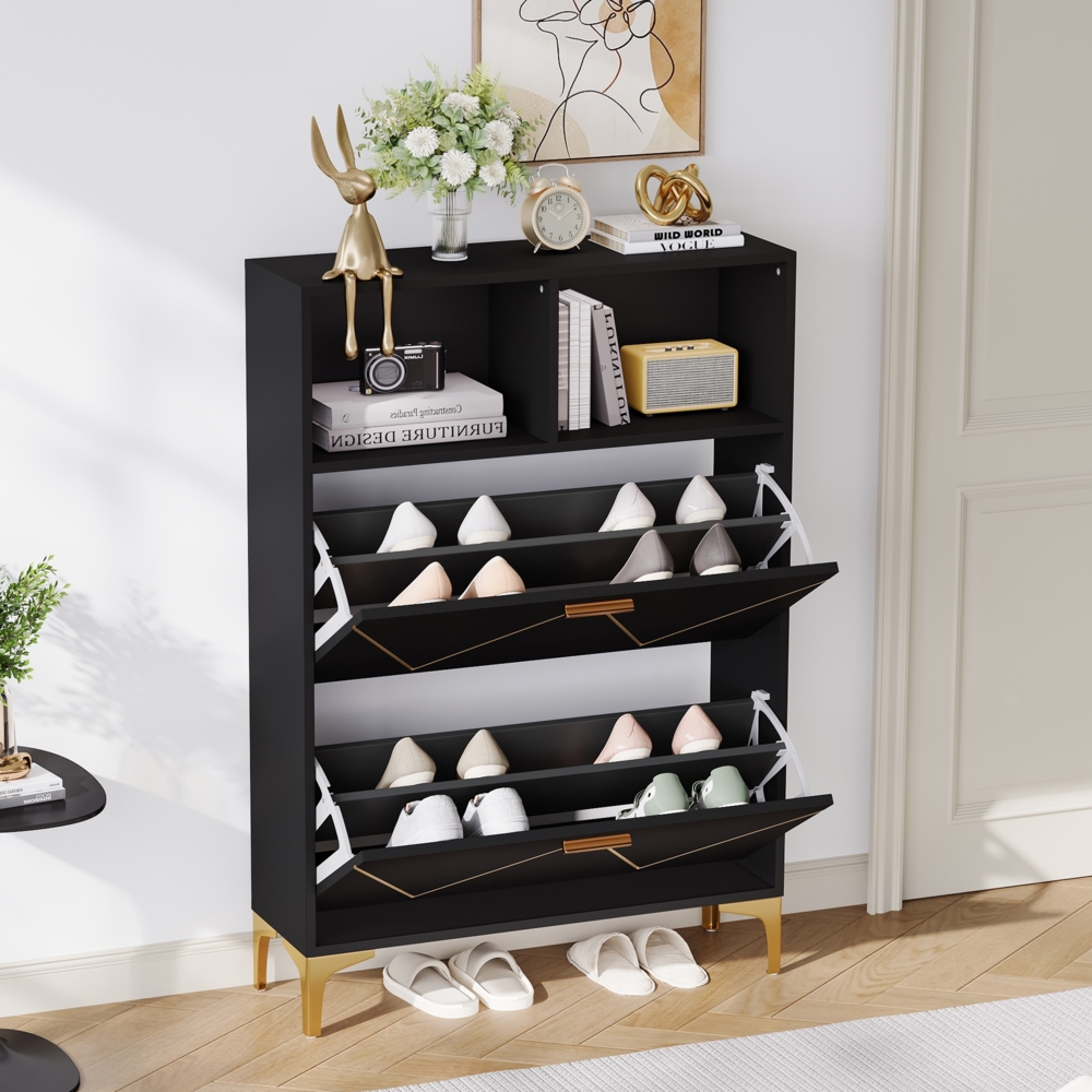 Schuhschrank für den Eingangsbereich, 2 Klapptüren, 4 Schuhablagefächer, halboffene Ablageflächen Bild 1