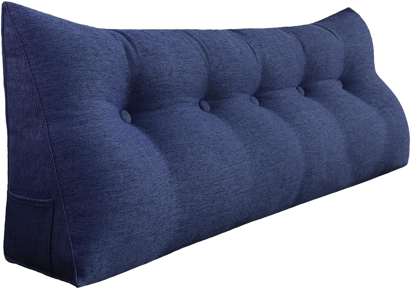 VERCART Großes Bettruhe Keilkissen, Lang Lesekissen, Dekoratives Kopfteilkissen, Dreieckiges Rückenkissen, Loungekissen für Tagesbett oder Couch, Leinenmischung Blau, 140cm Bild 1