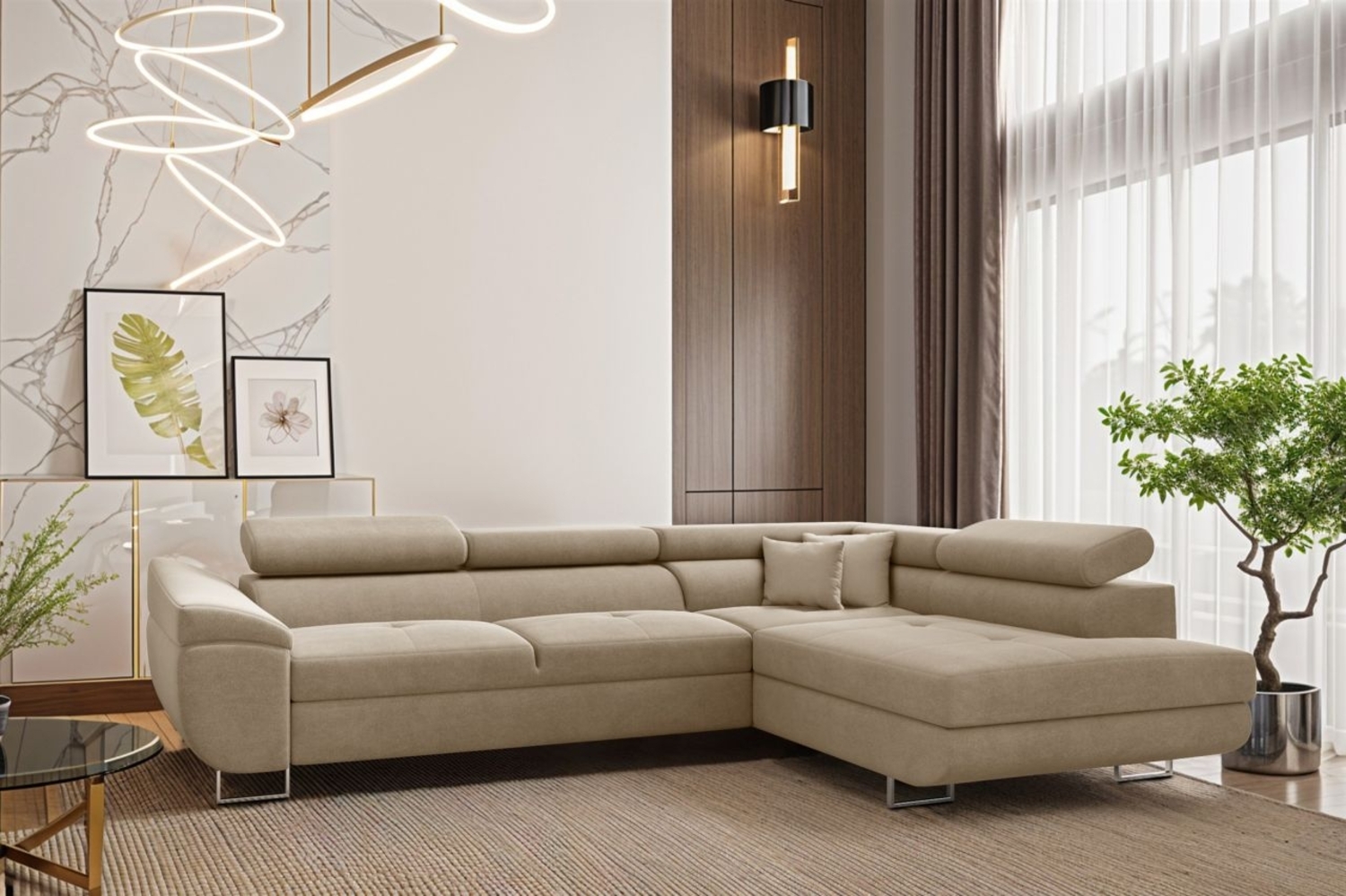 Ecksofa Schlafsofa Sofa CARMELO in Stoff Nova Beige Ottomane Rechts Bild 1