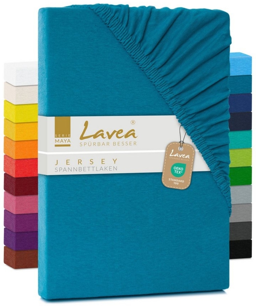 Jersey Spannbettlaken, Spannbetttuch, Lavea Serie Maya, 200x220 cm für Boxspring- und Wasserbetten, Aquamarin, 100% Baumwolle, hochwertige Verarbeitung, mit Gummizug Bild 1