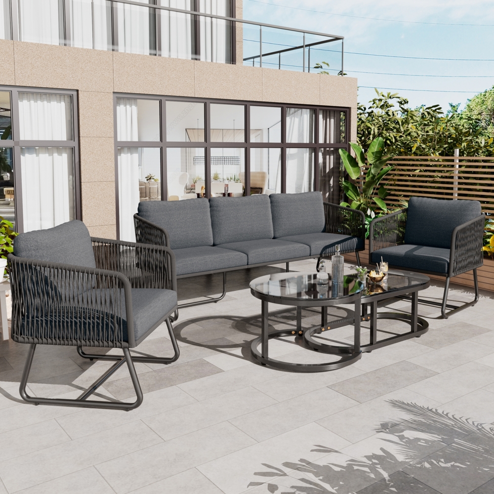 Merax Garten-Lounge-Set mit Rahmen aus verzinktem Eisen, Gartenmöbel-Set aus Seil, 5er-Set, inklusive aller Sitz- und Rückenkissen, grau Bild 1