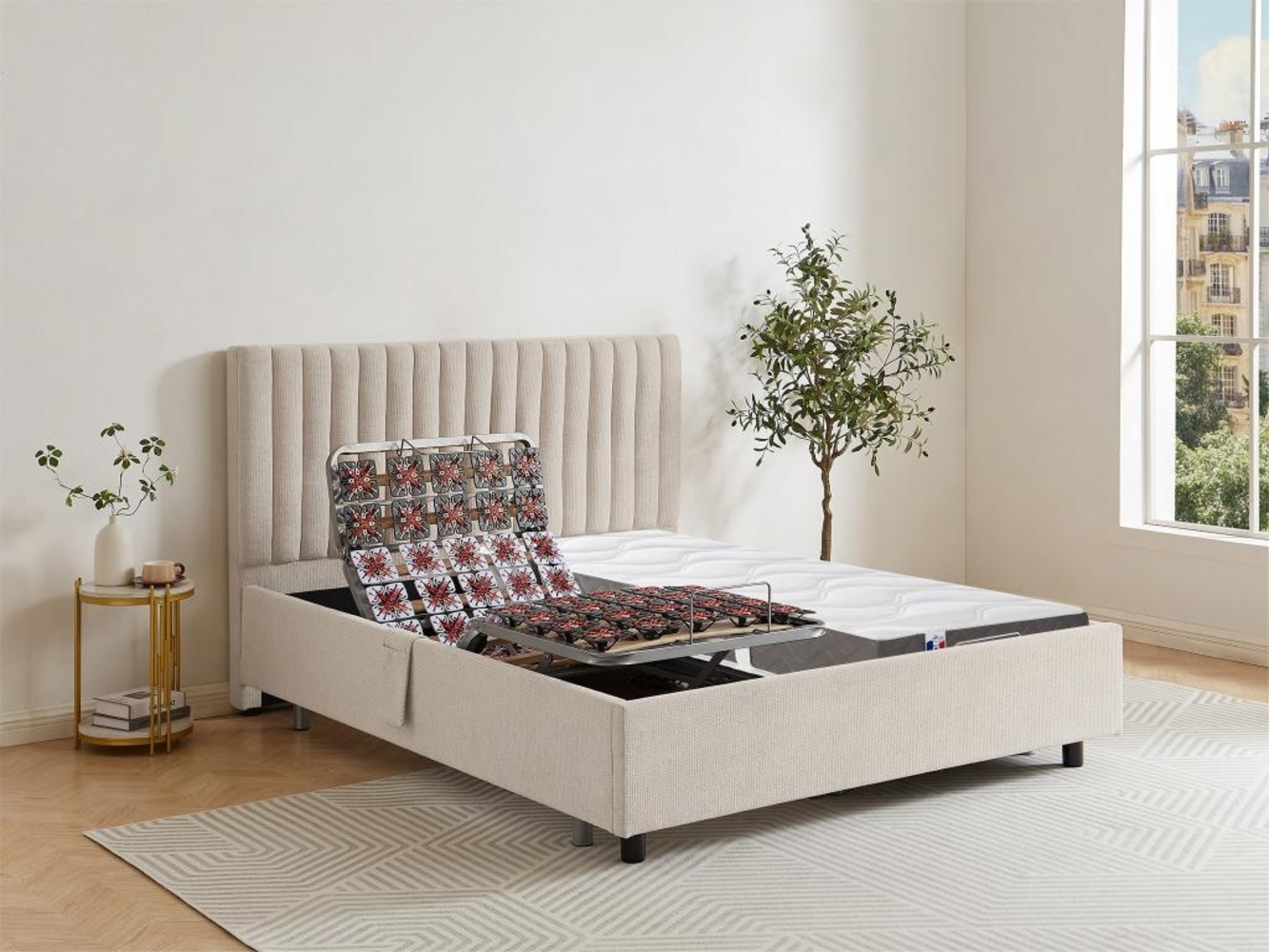 Dekoratives Bett mit elektrischer Relaxfunktion mit Tellern + 3-Zonen-Matratze aus 100 % Latex - 2 x 90 x 200 cm - Stoff - Beige - TIARI von DREAMEA Bild 1