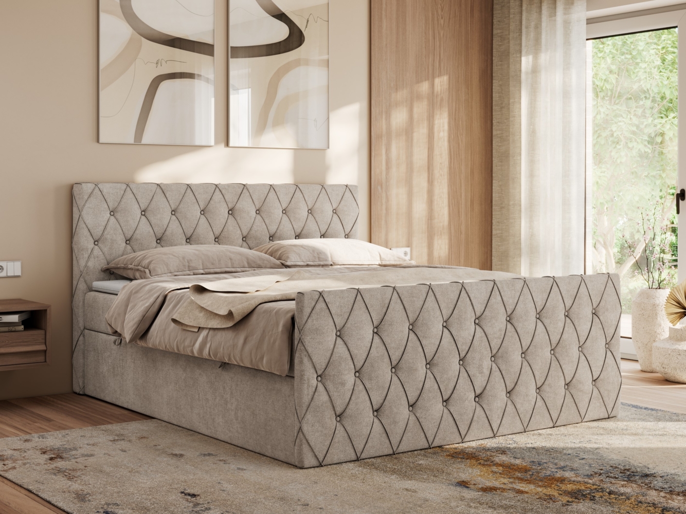 Boxspringbett mit gesteppter Front und Kopfteil, Multipocket-Matratze, zwei Bettkästen - MIREN DUO - 140 x 200 cm - Beige Stoff - H3 Bild 1