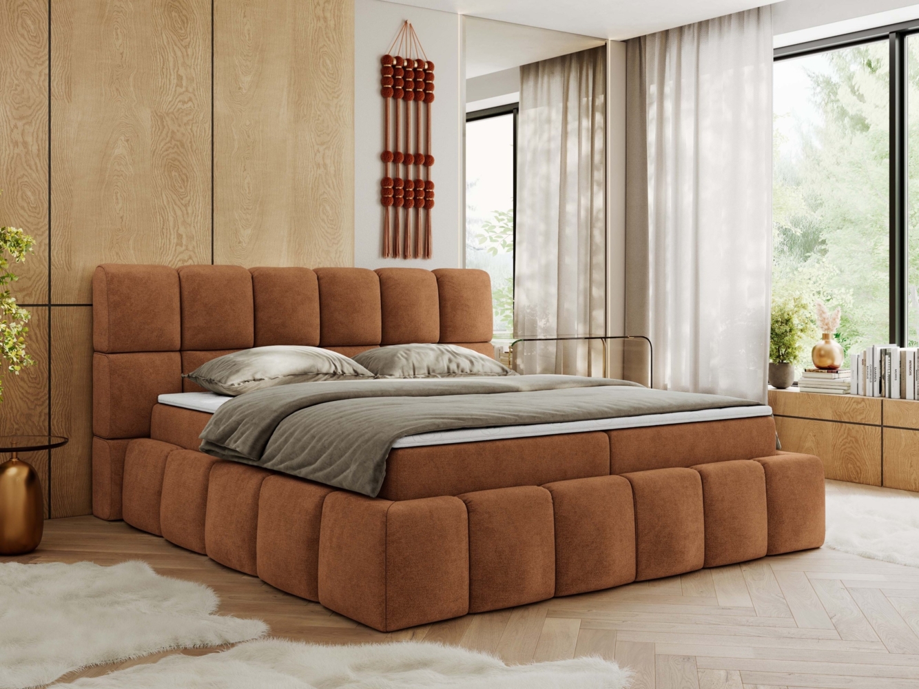 Boxspringbett mit dekorativem Kopfteil, Doppelbett mit zwei 7 Härtezonen Multipocket-Matratzen, Bettkästen, Polsterbett - NIRA - 120 x 200 cm - Orange Struktur - H4 Bild 1
