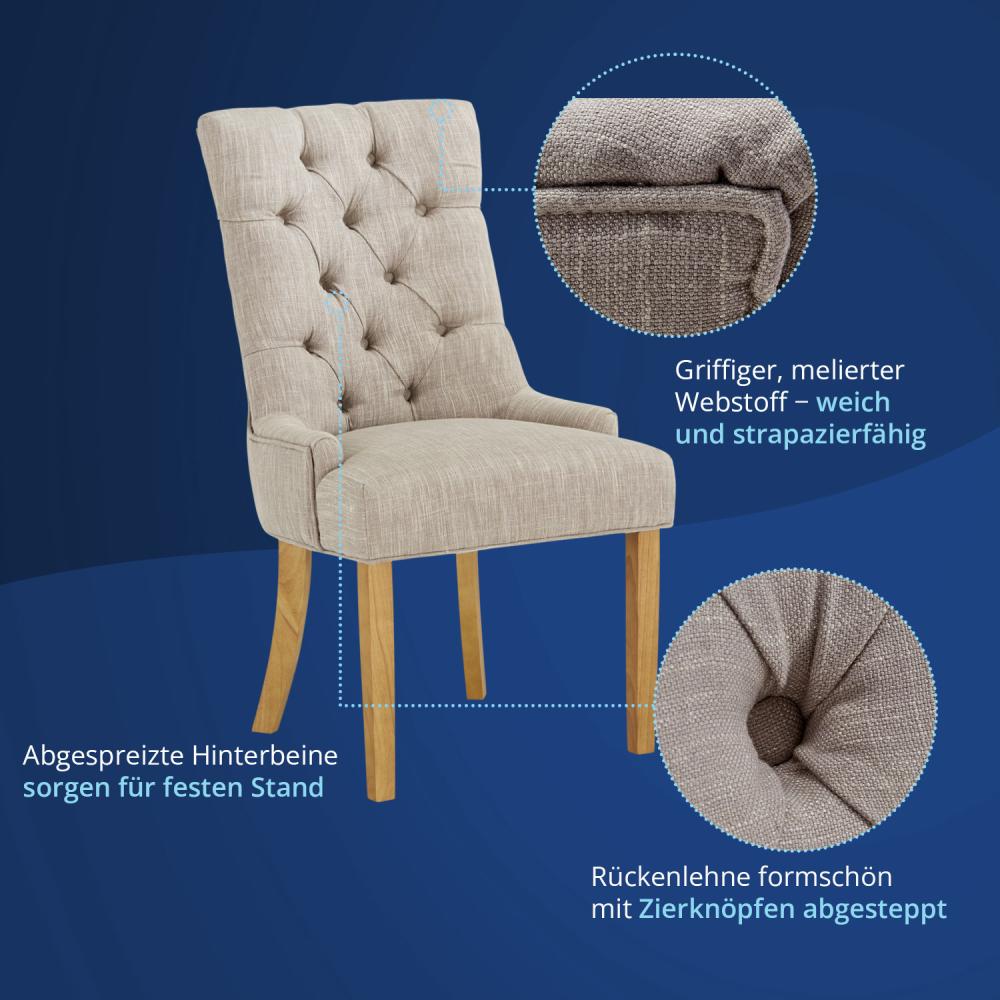 KHG 2er Set Esszimmerstühle Relax-Sessel grau Webstoff, kleine Armlehnen - Rückenlehne mit Zierknöpfen, Massivholz Stuhlbeine - Küchenstuhl, Design Stuhl Lounge Sessel Bild 1