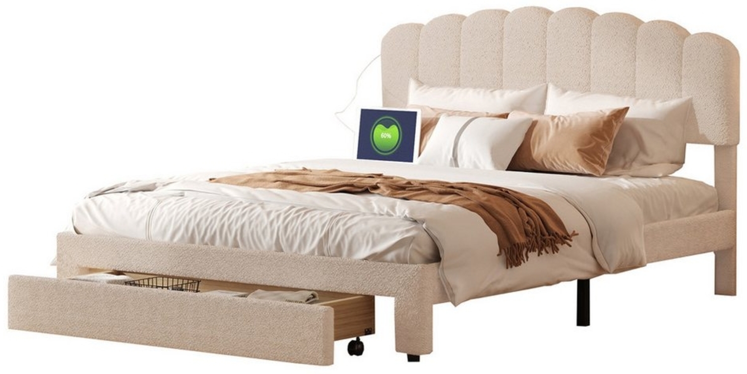 FUROKOY Polsterbett Doppelbett Stauraumbett USB-Laden Ladefunktion, 160x200cm Jugendbett mit Lattenrost und 1 Schublade,Beige,Teddysamt Bild 1