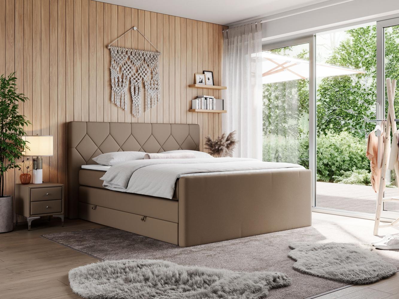 Boxspringbett KING EIGAR, mit einer Doppelmatratze, einem genähten Kopfteil - 200x200 - Braun Kunstleder - H4 Bild 1