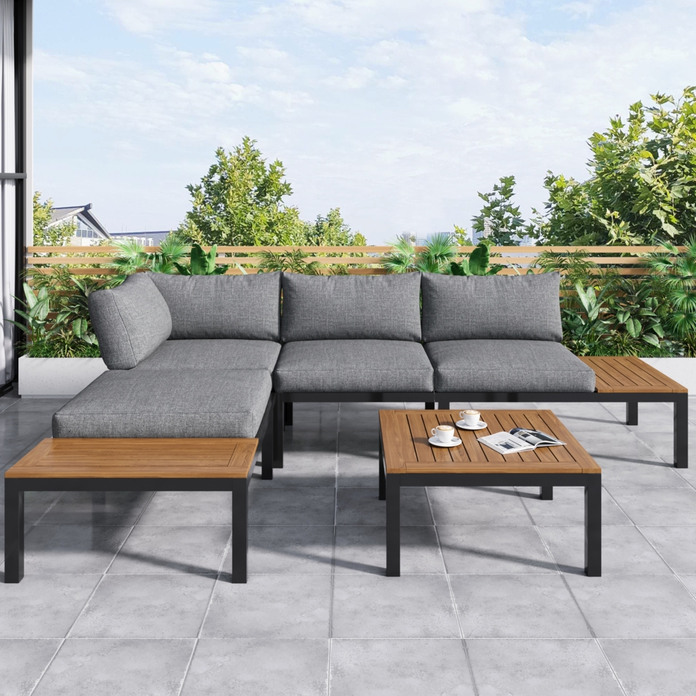 Merax Gartenlounge-Set wetterfest Lounge Set ,Rahmen aus verzinktem Stahl, (2x 2-Sitzer-Sofa, 2x Beistelltisch, 1x Tisch), Akazienholz Tischplatte ,Stoffbezug kann die Rückseite des Stuhls abdecken, Grau Bild 1