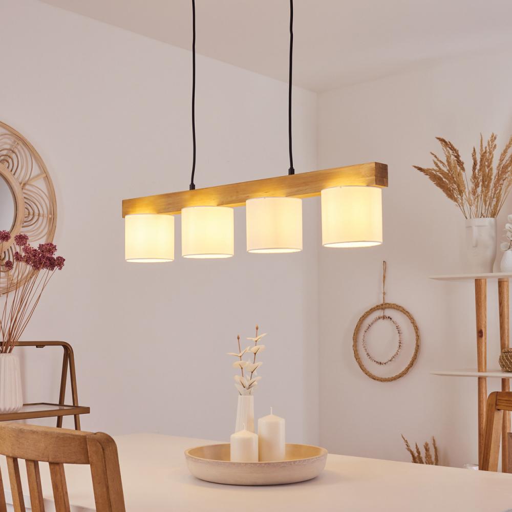 hofstein Pendelleuchte »Maslianico« 4-flammige Hängelampe aus Metall/Holz/Stoff in Weiß/Natur, ohne Leuchtmittel, Hängeleuchte m. Holzbalken und Stoff-Schirmen, Höhe max. 135cm, 4xE14 Bild 1