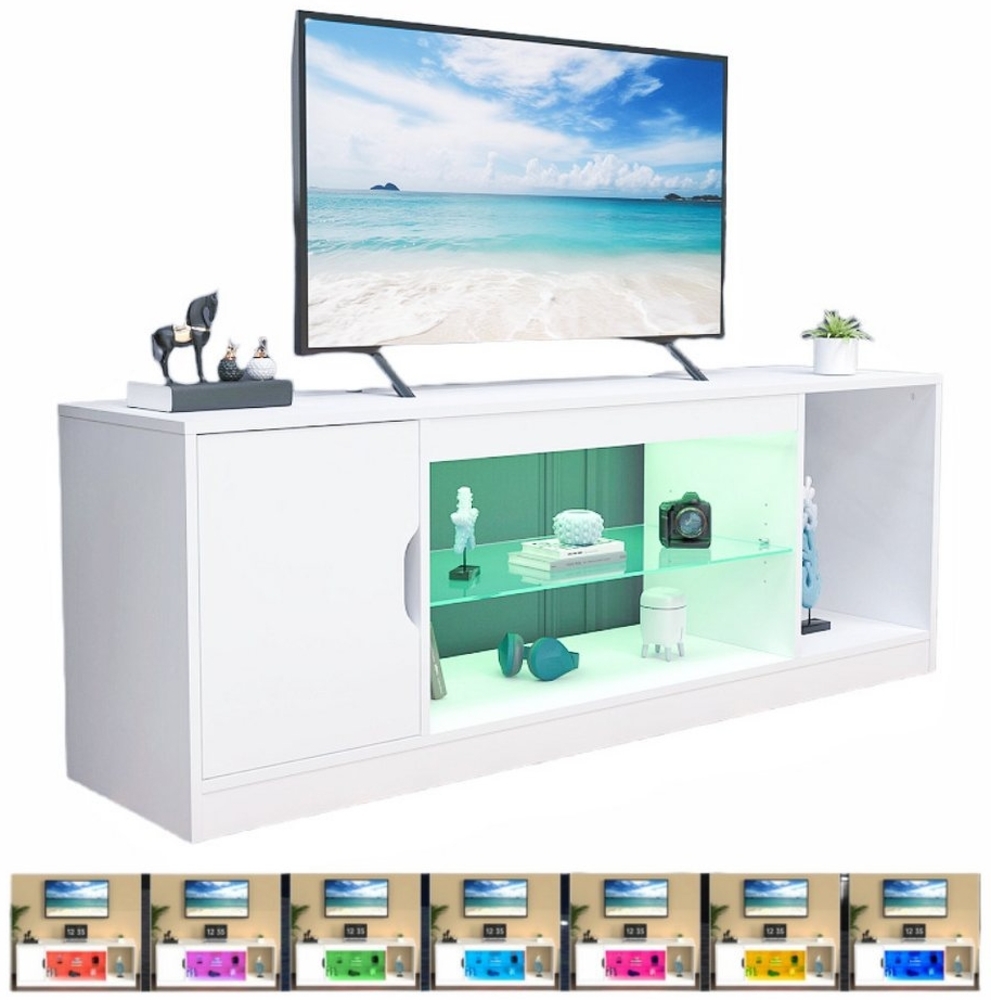 WILGOON TV-Schrank Lowboard TV Schrank, Fernsehkommode, mit 16 Farben LED Beleuchtung (Lowboard TV Schrank, mit RGB-LED-Leuchten, 1 offenes Regalfach und Glasregal Fächern) TV Board Fernsehschrank 140cm, Fernsehtisch für 65 Zoll & kleinere TVs Bild 1