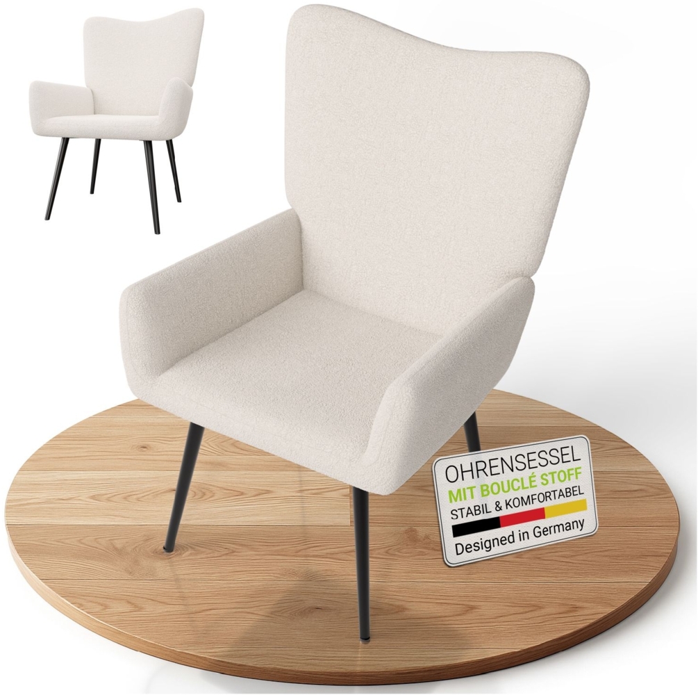 Juskys Ohrensessel Odense ohne Hocker, TV- & Lesesessel in Bouclé, hohe Lehne, Metallbeine, komfortabler Stoffbezug, pflegeleicht – Beige Bild 1