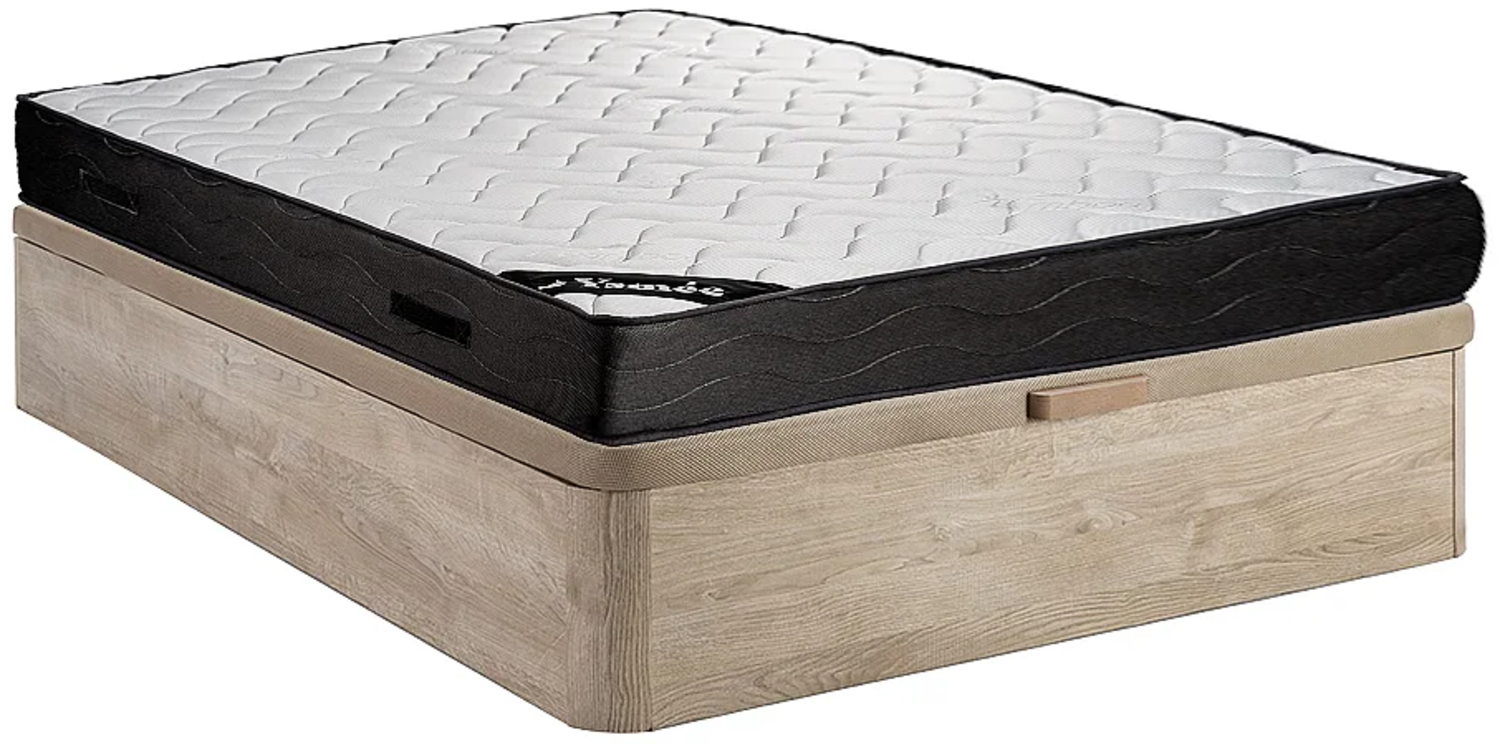 Vente-unique - Set aus Bettgestell mit Bettkasten + Matratze - 160 x 200 cm - 7-Zonen-Taschenfederkern & Memory Schaum - Stärke 24 cm - Holzfarben hell - MERISI von YSMÉE Bild 1