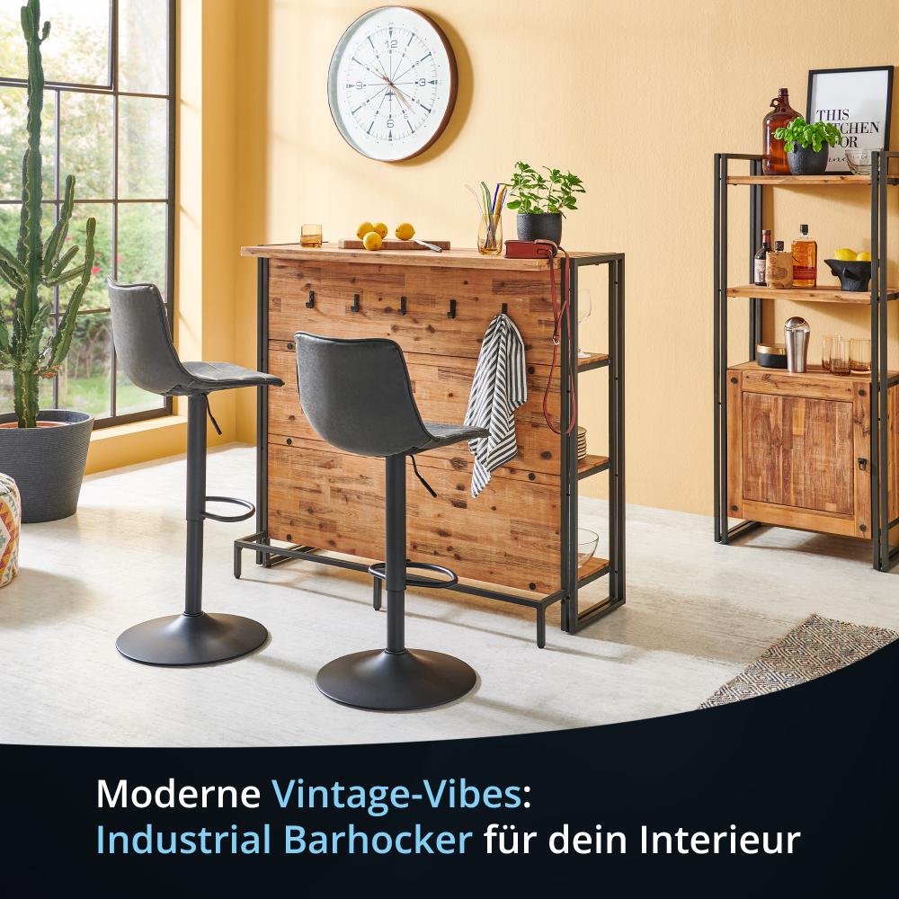 KHG Barhocker 4er Set 360° drehbar höhenverstellbar (61-82cm) Kunstleder Schwarz gesteppt Industrial Look | Drehstuhl Barstuhl mit Rückenlehne Fußstütze 110kg belastbar Bild 1