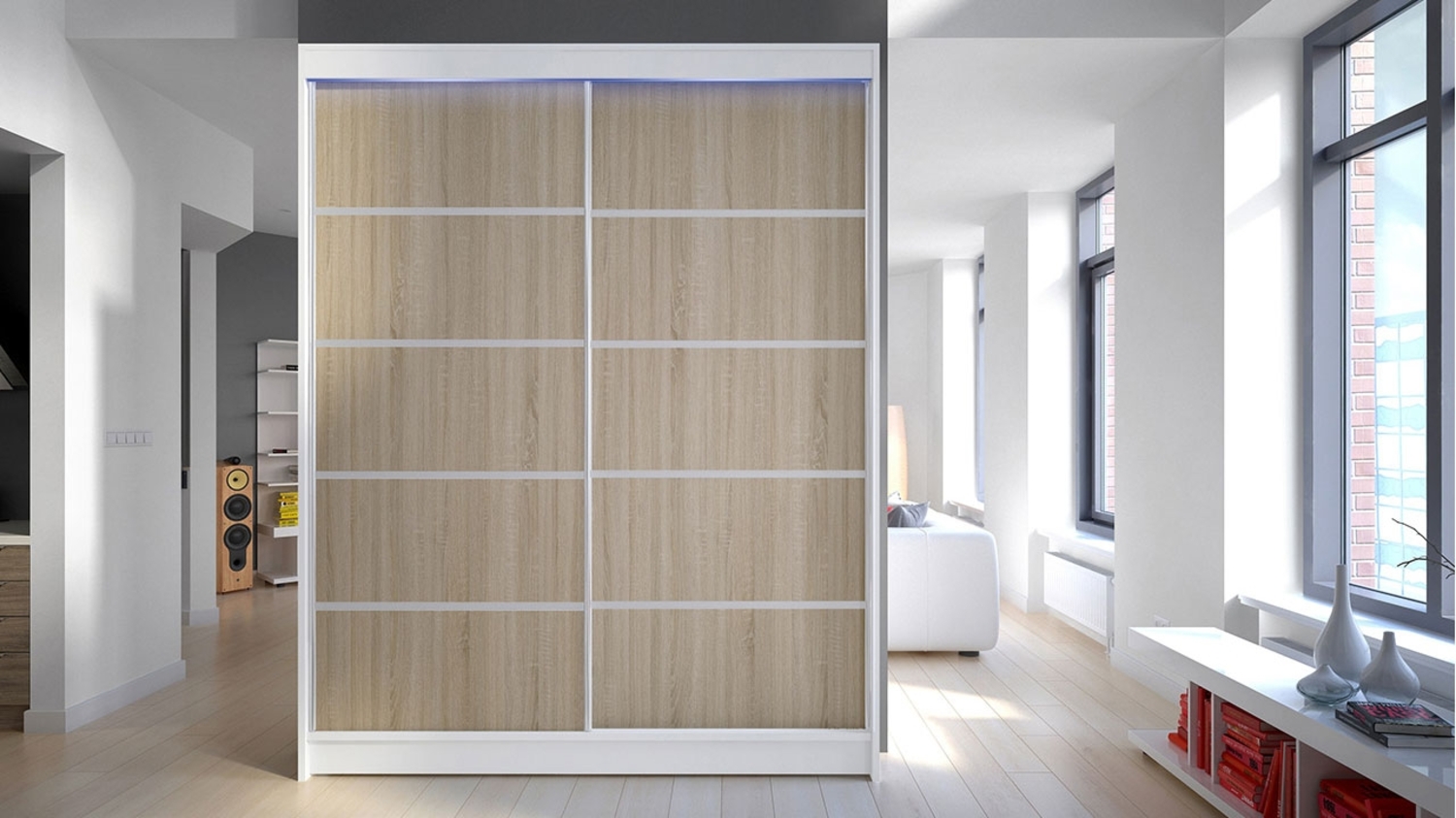 Kleiderschrank Metropolis IV, mit RGB LED Beleuchtung, Farbe: Weiß / Sonoma Eiche Bild 1