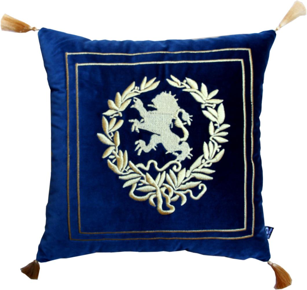 Casa Padrino Luxus Deko Kissen Wappen Dunkelblau / Gold mit goldenen Troddeln 45 x 45 cm - Feinster Samtstoff - Luxus Wohndeko Bild 1