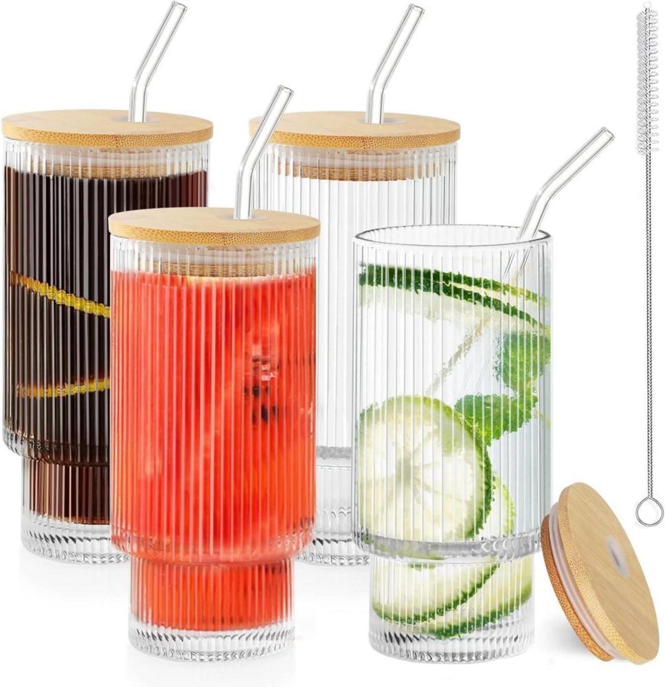 Cocktail Gläser Set 350ml Geriffelte Longdrinkglas Deckel Strohhalm Bürsten Bild 1