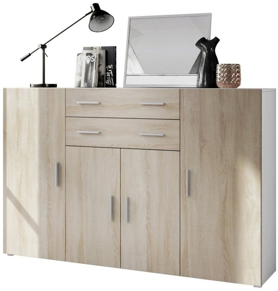 Highboard Aron Anrichte mit 2 Schubladen und 4 Türen mit insgesamt 8 Fächer dahinter, Weiß matt/Eiche sägerau (166,5 x 106,5 x 35 cm) Bild 1