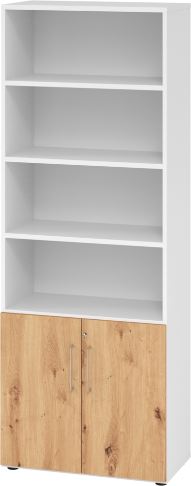 bümö Aktenregal & Schrank abschließbar, Büroschrank Regal Kombination Holz 80cm breit in Weiß/Asteiche - abschließbarer Schrank für's Büro & Arbeitszimmer, Büro Möbel Ordnerschrank, 968T2-W-R-BS Bild 1