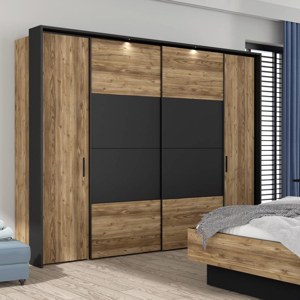 FORTE Jabim Kleiderschrank mit LED Beleuchtung, Holzwerkstoff, Braun/Schwarz, 279,4 x 214,9 x 64 cm Bild 1