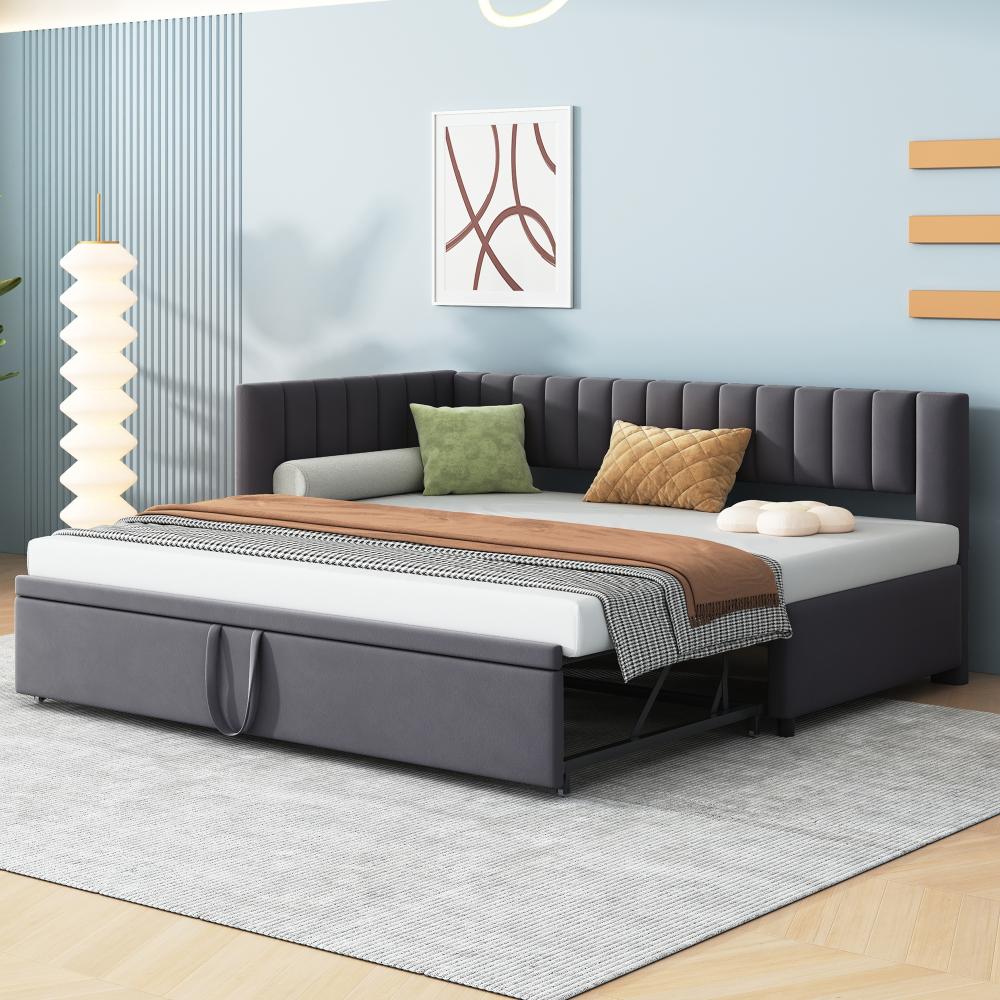 Merax Multifunktionales L-förmiges Schlafsofa mit Ausziehbett 90/180*200cm, Polsterbett in Samtstoff, platzsparendes Design für Kinderbett, Gästebett, dunkelgrau Bild 1