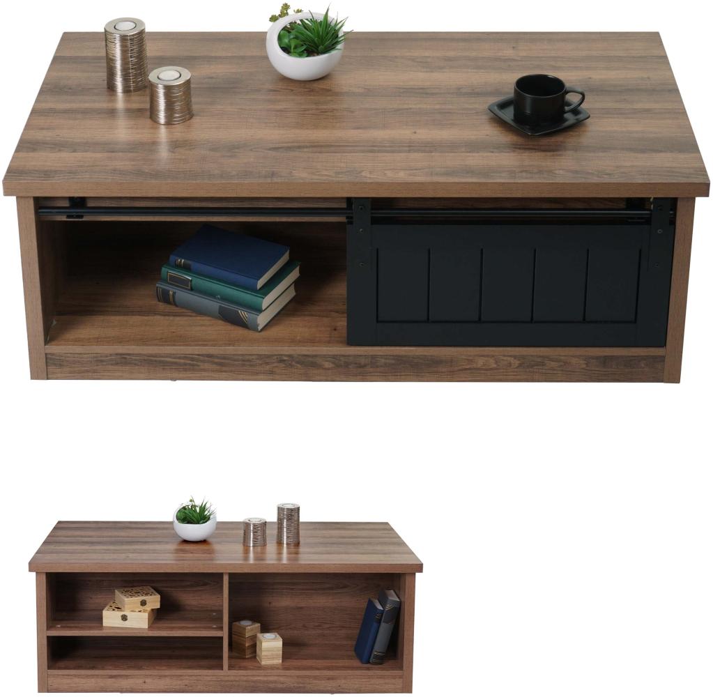 Couchtisch HWC-K75, Beistelltisch Wohnzimmertisch, Schiebetüre 6 Staufächer, Holz-Optik Metall 44x120x60cm ~ braun Bild 1