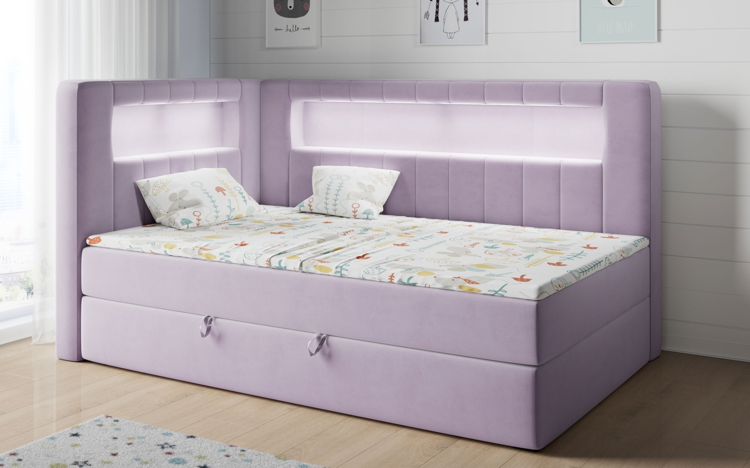 Boxspringbett mit LED, Einzelbett mit Bettkasten und Topper - JUNIOR GOLD 3 - 90x200 cm - Violet - Linke Seite Bild 1