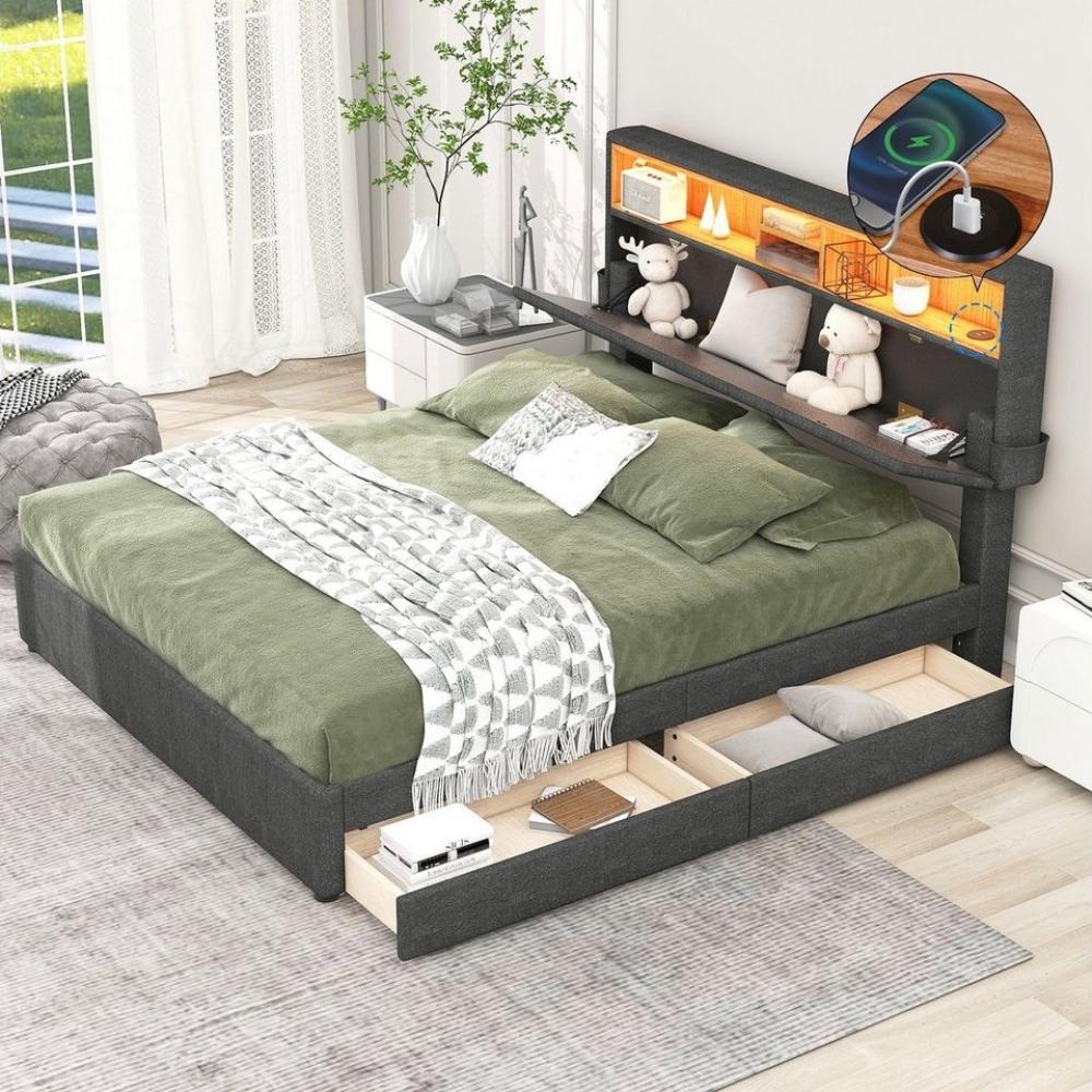 Merax Polsterbett 140x200cm, höhenverstellbares Kopfteil mit Stauraum, Funktionsbett, mit LED und USB, Doppelbett mit 2 Schubladen Bild 1