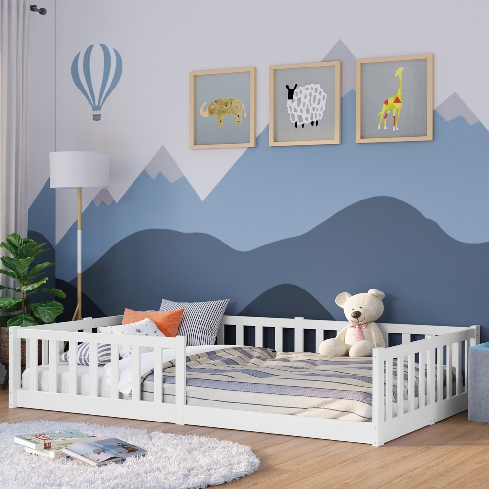 Bellabino Bodenbett Vere 120x200 mit Rausfallschutz und Rolllattenrost, Montessori Kinderbett 120x200 für Jungen & Mädchen, Kinder Bett aus Kiefernholz für Kinderzimmer, Bett in Weiß Bild 1