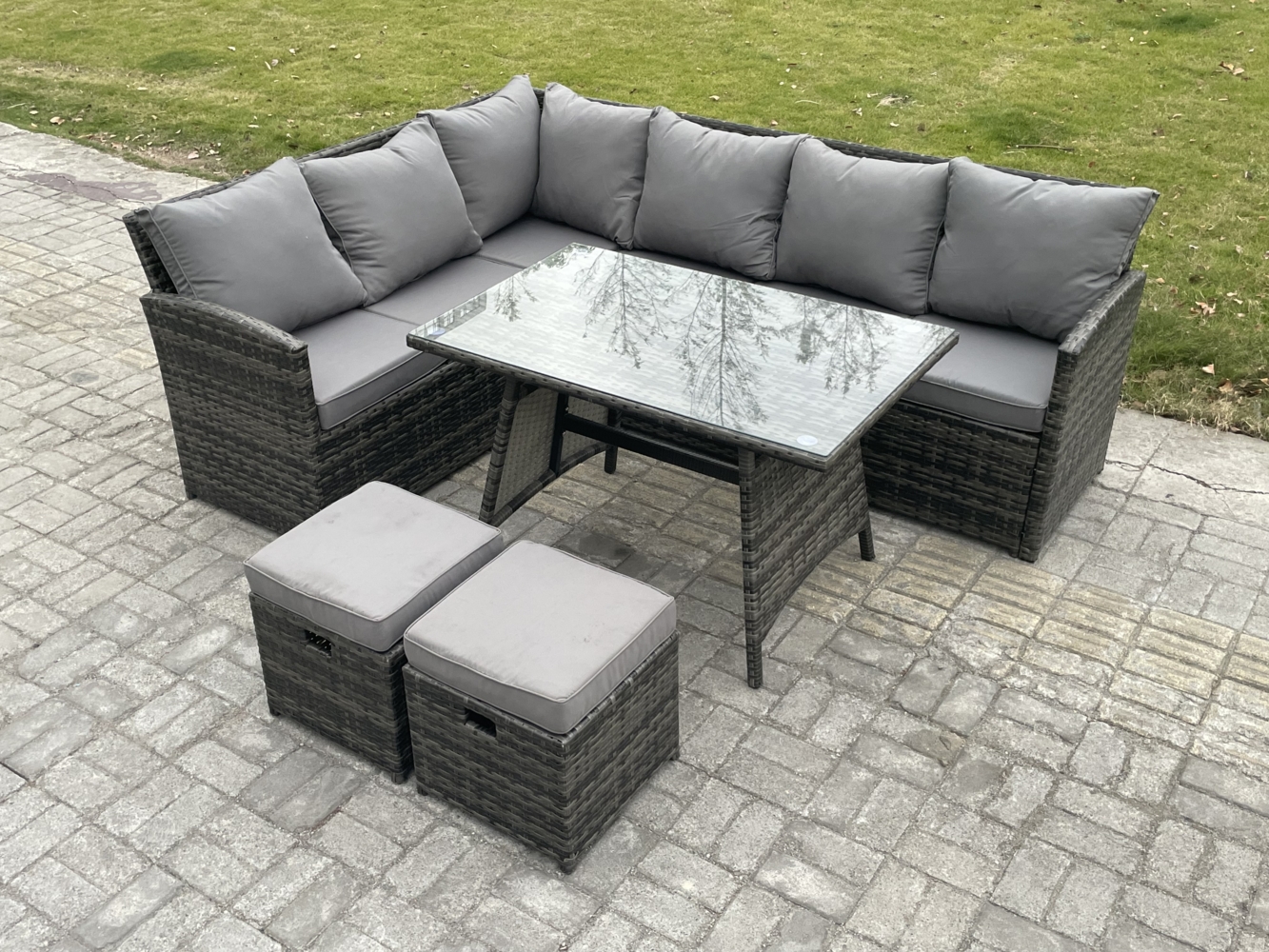 Fimous Outdoor Gartenmöbel-Set Ecksofa Set mit Länglicher Esstisch 2 kleine Fußhockern 8 Sitzer Dunkelgrau gemischt Bild 1