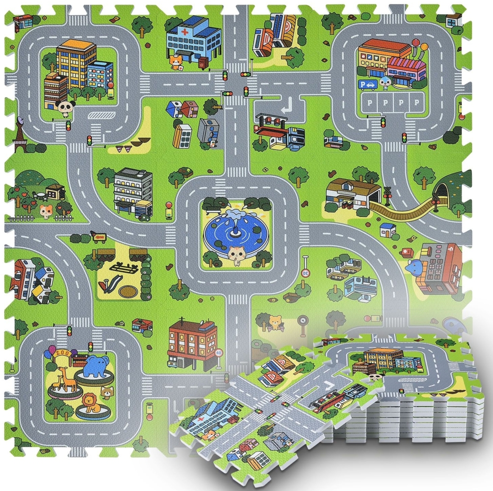 Juskys Kinder Puzzlematte Jascha 9 Teile – Stadt & Straßen - rutschfest & abwischbar - 1cm dick – Spielmatte ab 10 Monate – Baby Puzzle Spielteppich Bild 1