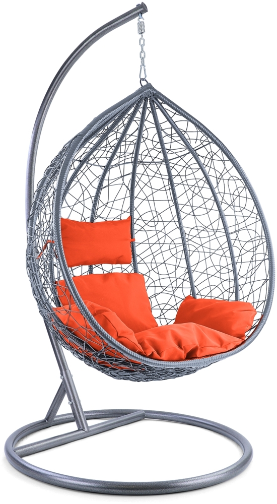 Luxus Hängesessel Miami XXL Rattan Korb hellgrau Gestell silber Kissen orange Bild 1