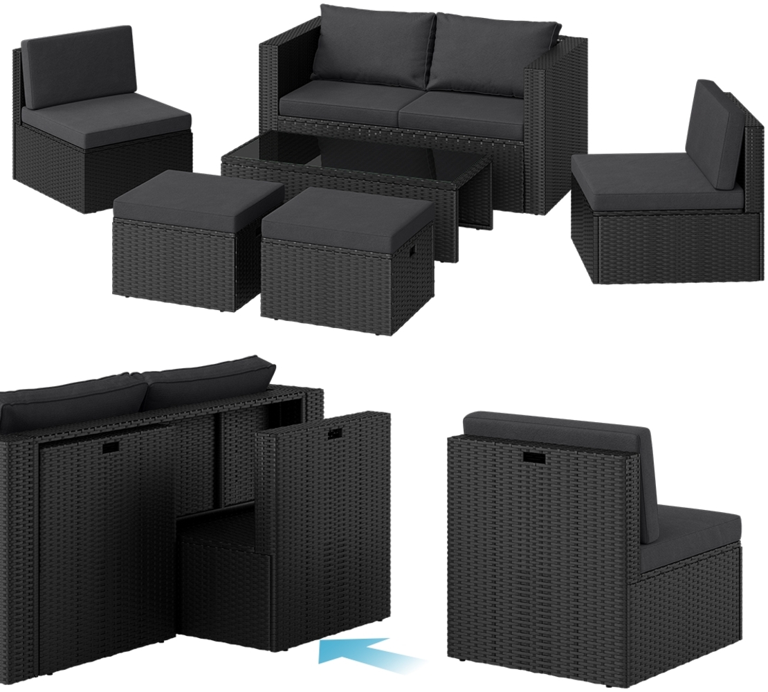 STEELSØN 'Noctura' Polyrattan 6-tlg. Gartenlounge, Sitzgruppe aus Sofa, Tisch, 2x Sessel, 2x Sitzhocker, schwarz/anthrazit, wetterfest, für 6 Personen Bild 1