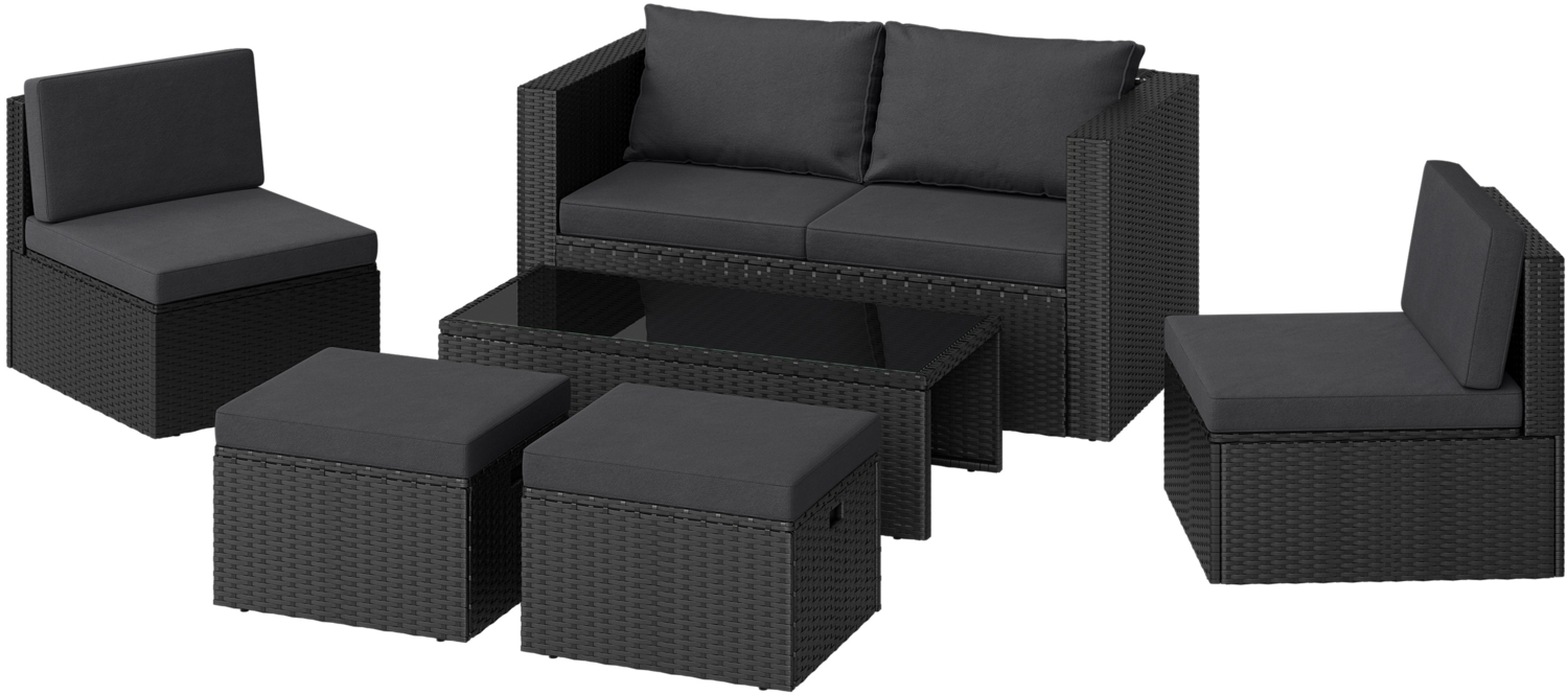 STEELSØN 'Noctura' Polyrattan Sitzgruppe, 2er Sofa, 2 Stühle, 2 Sitzhocker, Tisch, schwarz Bild 1