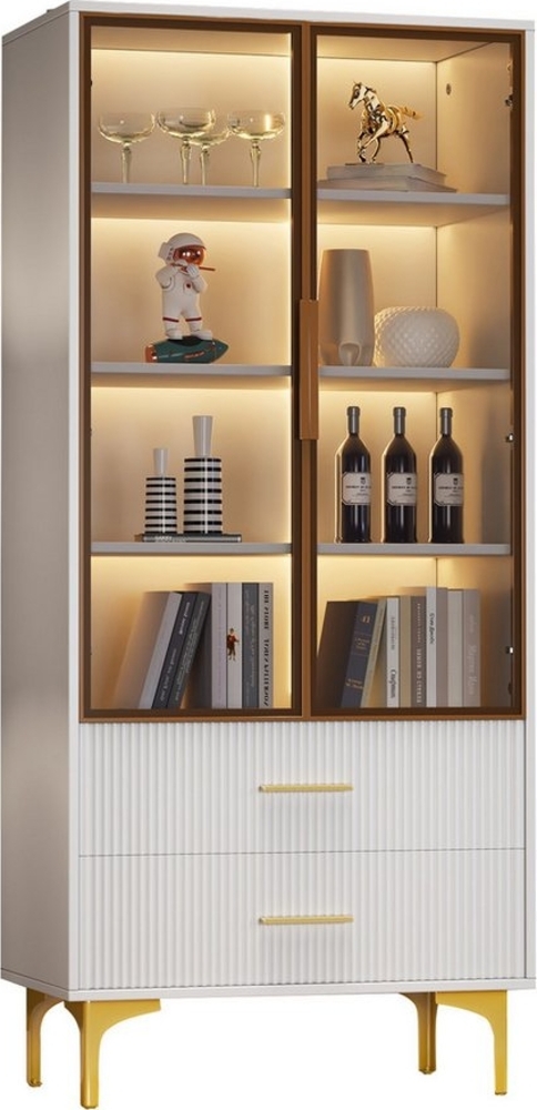 BlingBin Vitrine Standvitrinen, Wohnzimmer-Highboards, Sideboards (1er Set, 1-St, Tealfarbene Glastüren, goldene Beine, bewegliche Einlegeböden) weiße Glasvitrine mit zwei Türen - 70*35*150cm Vitrine mit LED-Licht Bild 1