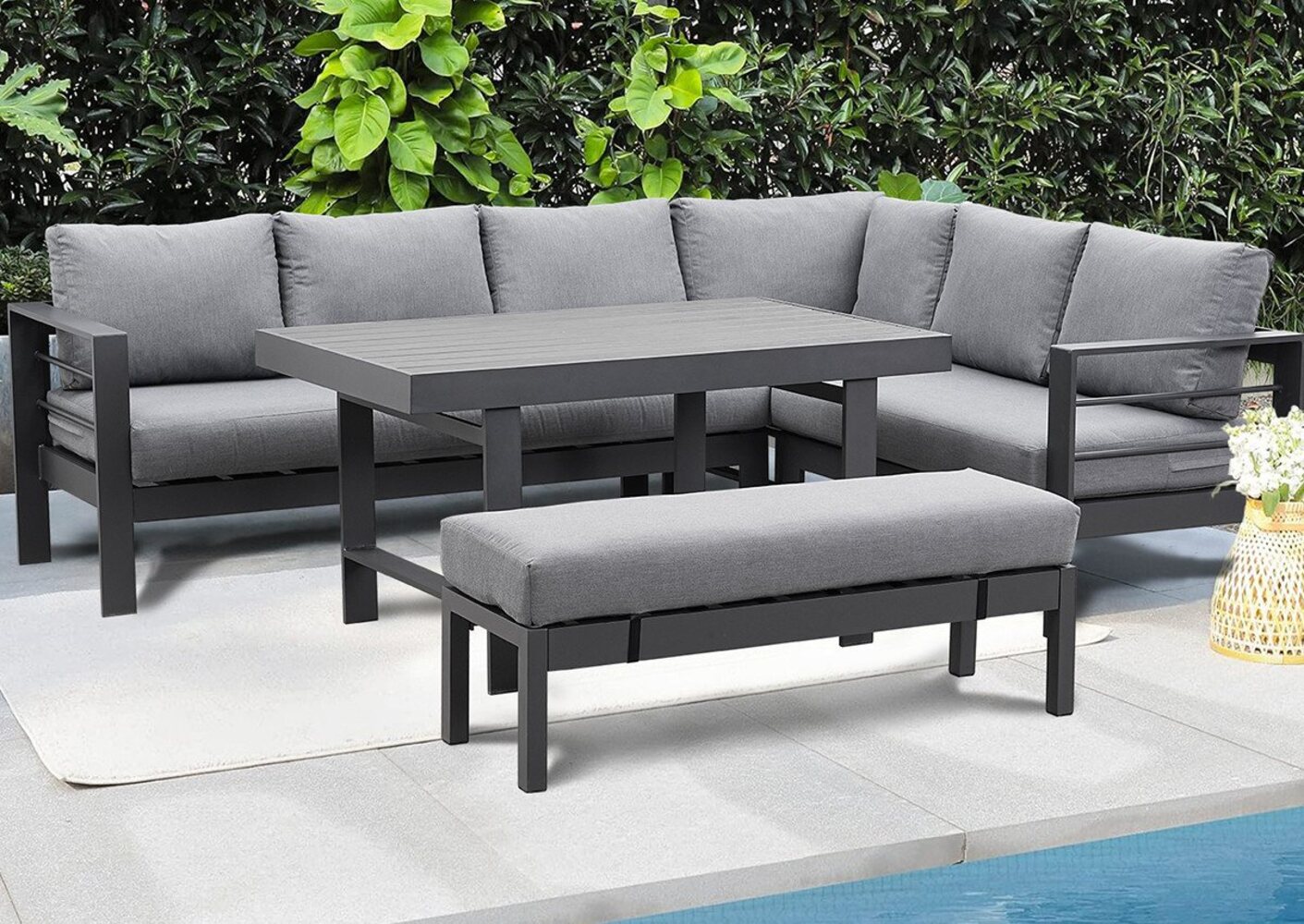 MeXo Gartenlounge-Set Aluminium Gartenmöbel Set, (Garten-Essgruppe, 5-tlg, 3 x Ecksofas, 1 x Gartenbank, 1 x Esstisch 130 x 80 x 67,5 cm), wetterfeste Ecklounge, Terrassenmöbel Set für 8 Personen Bild 1