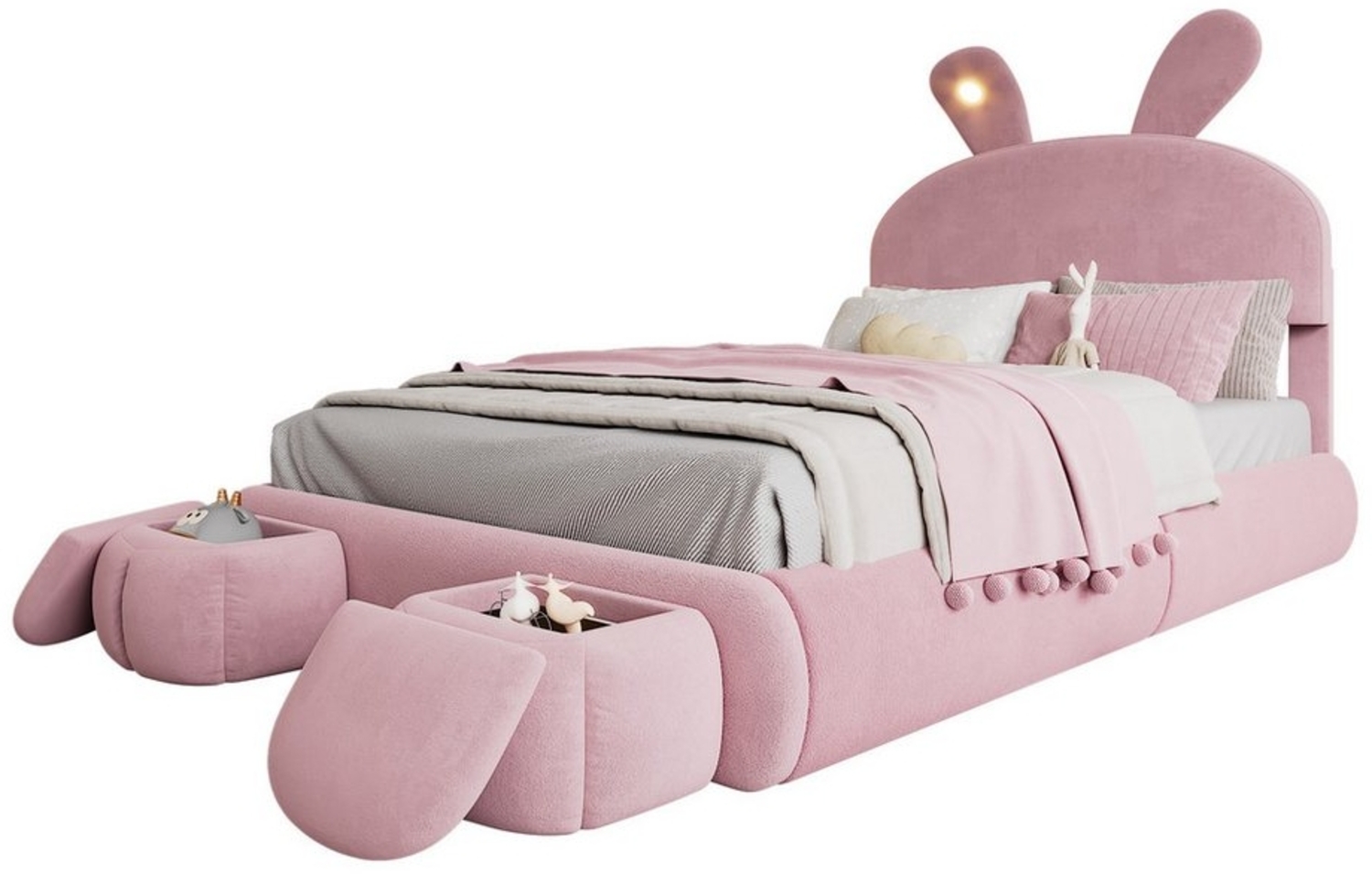 OKWISH Kinderbett Funktionsbett Stauraumbett Polsterbett (hydraulisches Bett, Hasenohren mit einstellbarer Helligkeit warmfarbenen Lichtstreifen, Stauraum unter dem Bett, mit zwei Aufbewahrungshockern), ohne Matratze Bild 1